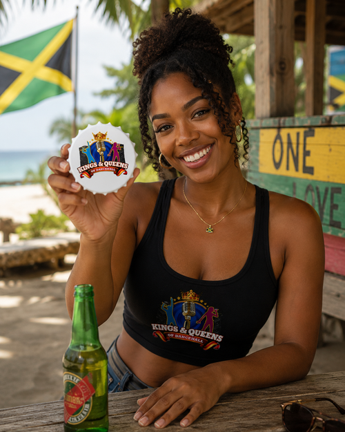 Smiling woman holding a round Kings & Queens of Dancehall bottle opener, Jamaican flag and beach bar behind her.