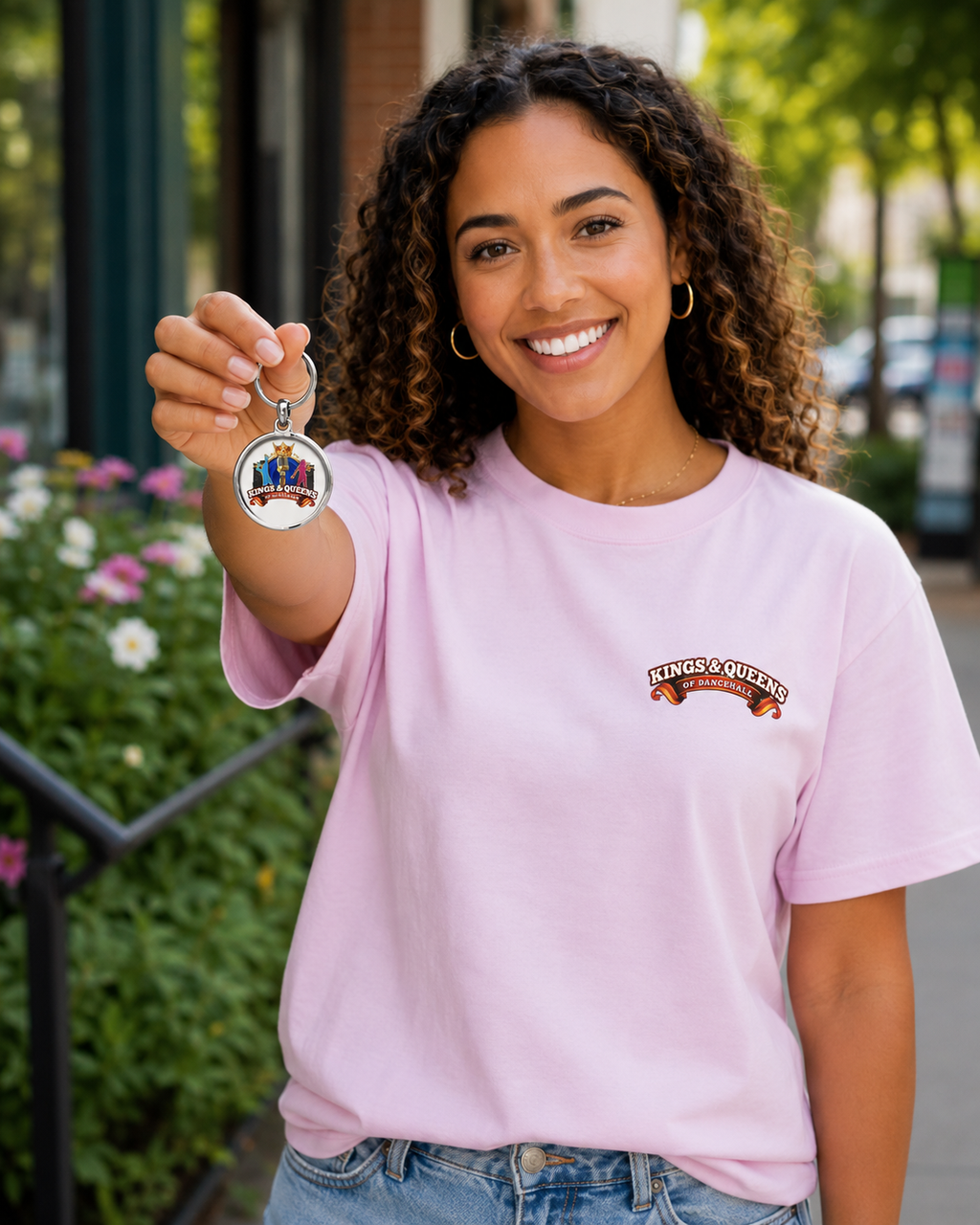 Smiling woman in a pink tee holding up a round Kings & Queens of Dancehall keyring with the crest.
