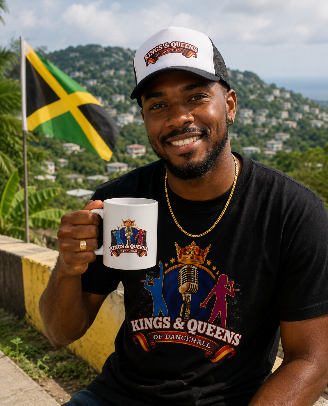 Smiling man in a black tee holding a white Kings & Queens of Dancehall ceramic mug, Jamaican flag and hillside behind him.