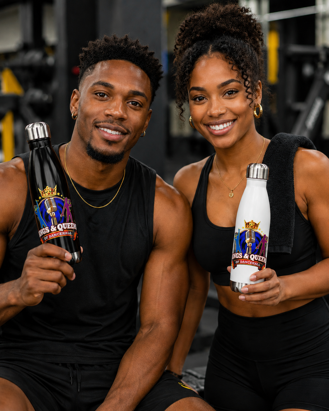 Athletic couple at the gym holding navy and white Kings & Queens of Dancehall insulated water bottles.
